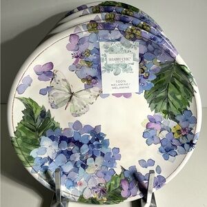 4 Shabby Chic Salad Plates Blue Purple Hydrangea Butterfly 100% Melamine 9" New